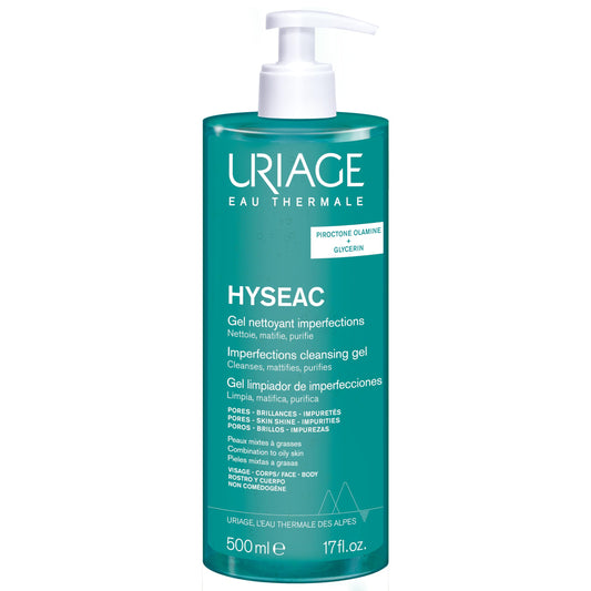 Uriage Hyseac Gel limpiador piel mixta a grasa 500ml - Elimina las impurezas y el exceso de grasa, con Piroctona olamina - Hipoalergénico, no comedogénico, pH fisiológico, sin jabón