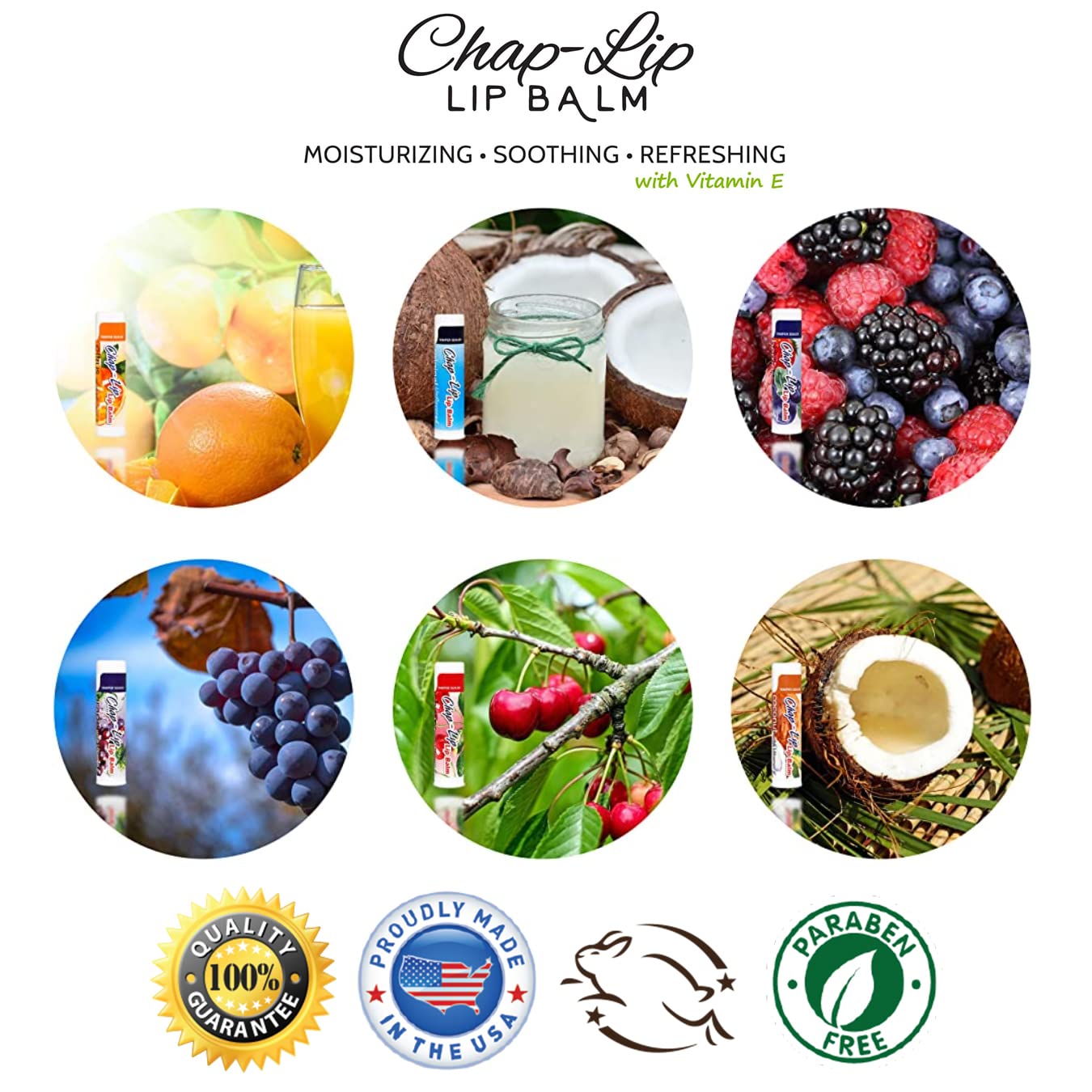 Chap-Lip Lip Balm Chap-Lip Bálsamo labial de vitamina E con aceite de coco, tratamiento hidratante de labios, hidratante, calmante, refrescante, tratamiento de hidratación total y terapia de labios, surtido de 6 sabores refrescantes, 48 unidades