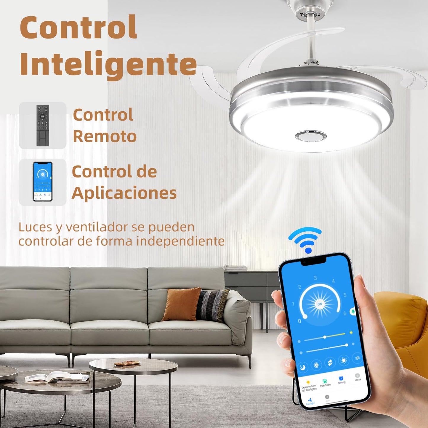 CANMEIJIA Ventilador de Techo con Luz y Control Remoto&App,Abanico de Techo con Luz Modernos 80W,Lampara de Techo con Ventilador Música Bluetooth Altavoz Velocidad del Viento/Brillo Ajustables,Ø48CM