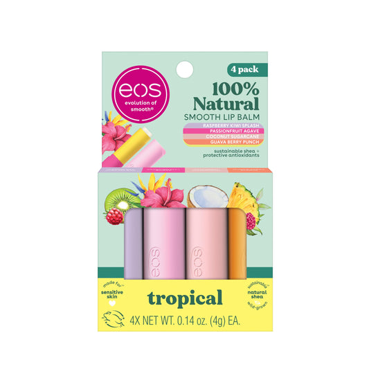 eos FlavorLab Super Soft Shea Lip Balm Sticks - Totally Tropical Variety Pack | Lip Moisturizer | 24 Hour Hydration | Gluten Free Lip Care|4 Pack