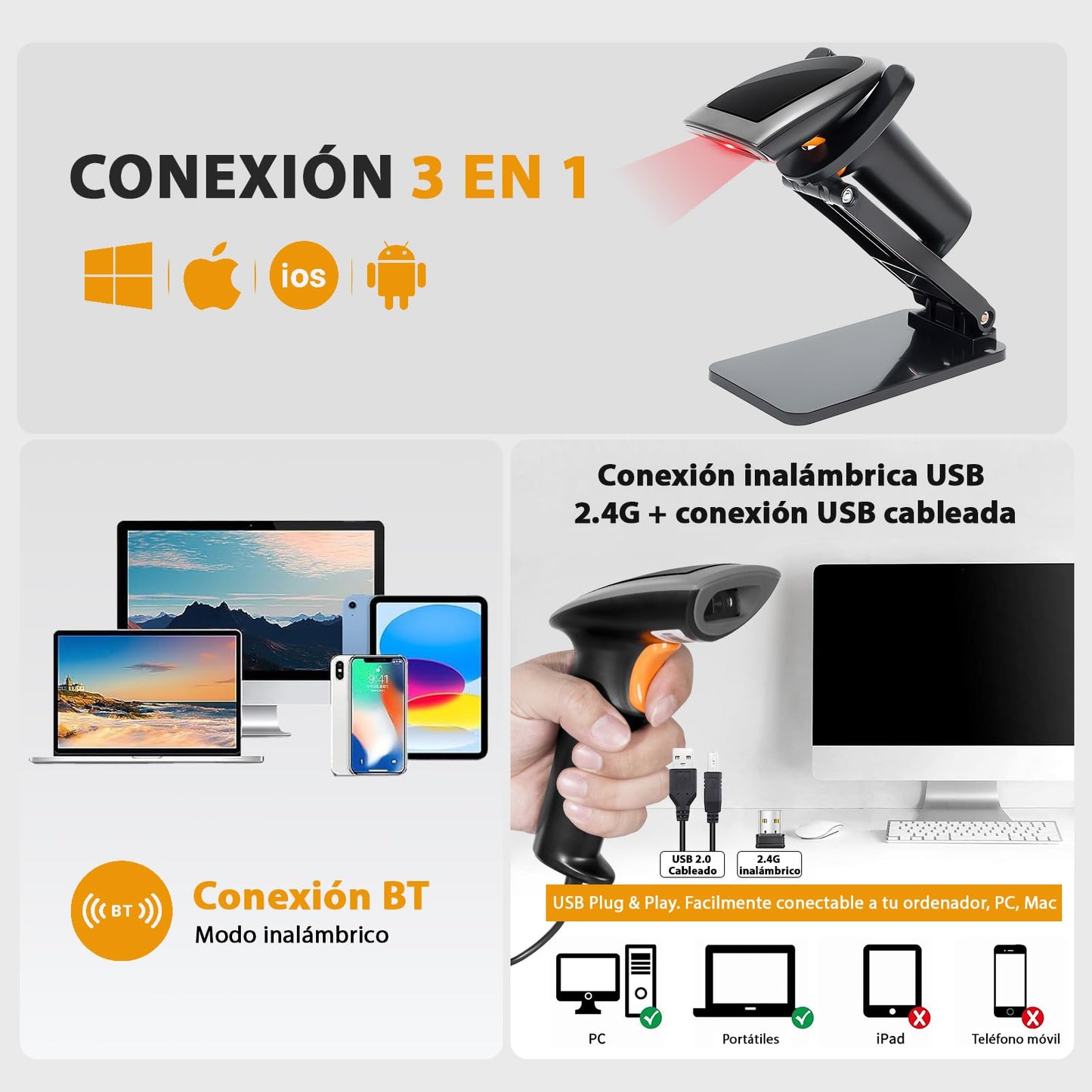 Escáner de Código de Barras WELIKERA Bluetooth 2D 1D Inalámbrico con Soporte y USB para Puntos de Venta