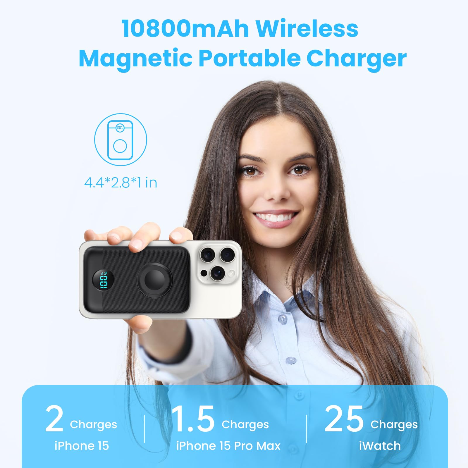 Magnético Portátil Cargador 10800mAh, 4-in-1 inalámbrico Power Bank con iWatch Cargador, QC4.0+20W PD Carga Rápida USB C Batería con Pantalla LCD para Magsafe, iPhone 15/14/13/12,Apple Watch (Negro)