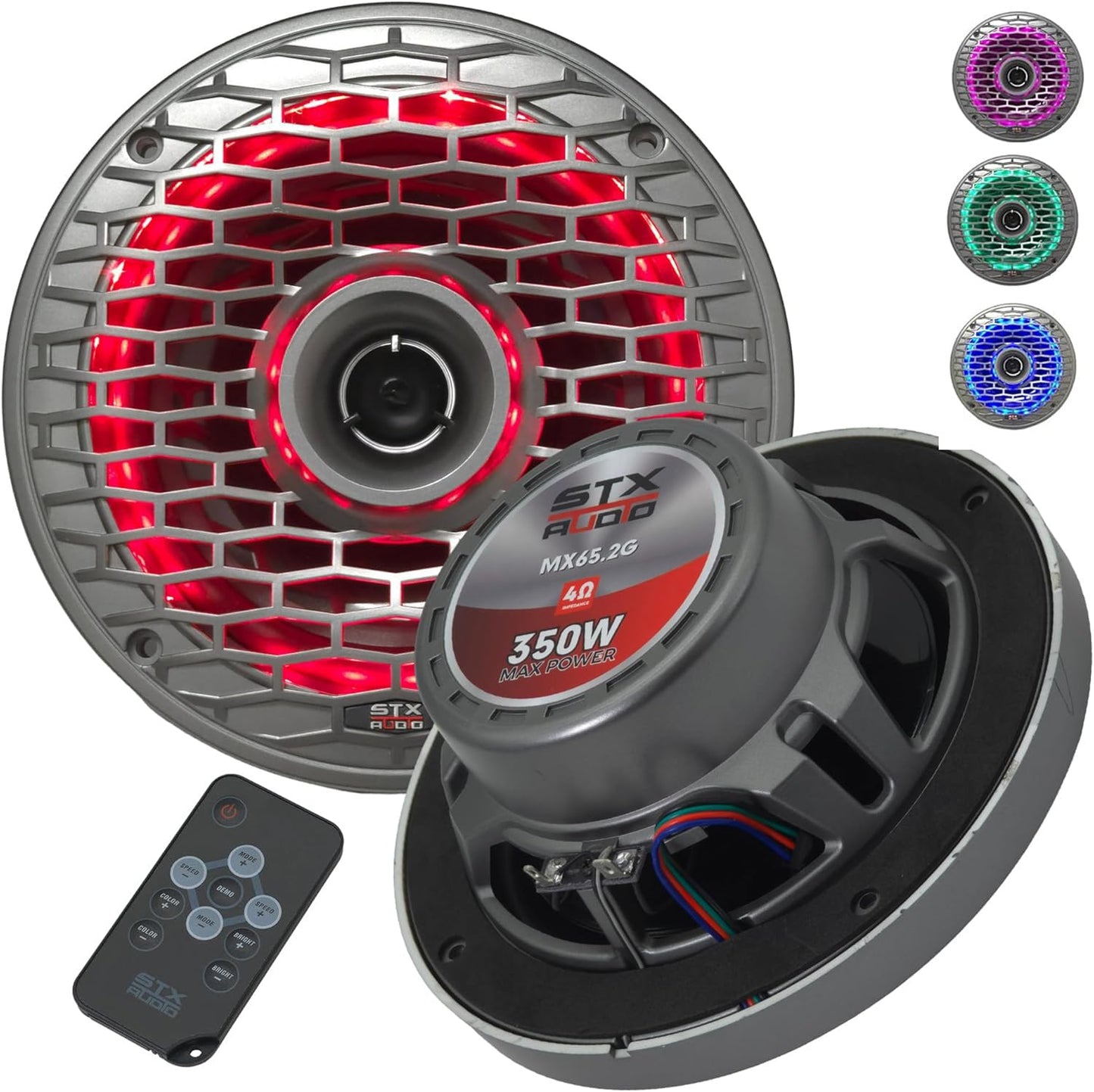 STX Audio MX65.2G Altavoces coaxiales marinos LED RGB de 2 vías de 6.5 pulgadas, 350 W máximo, 4 ohmios, resistentes al agua con control remoto para iluminación RGB (2 altavoces)