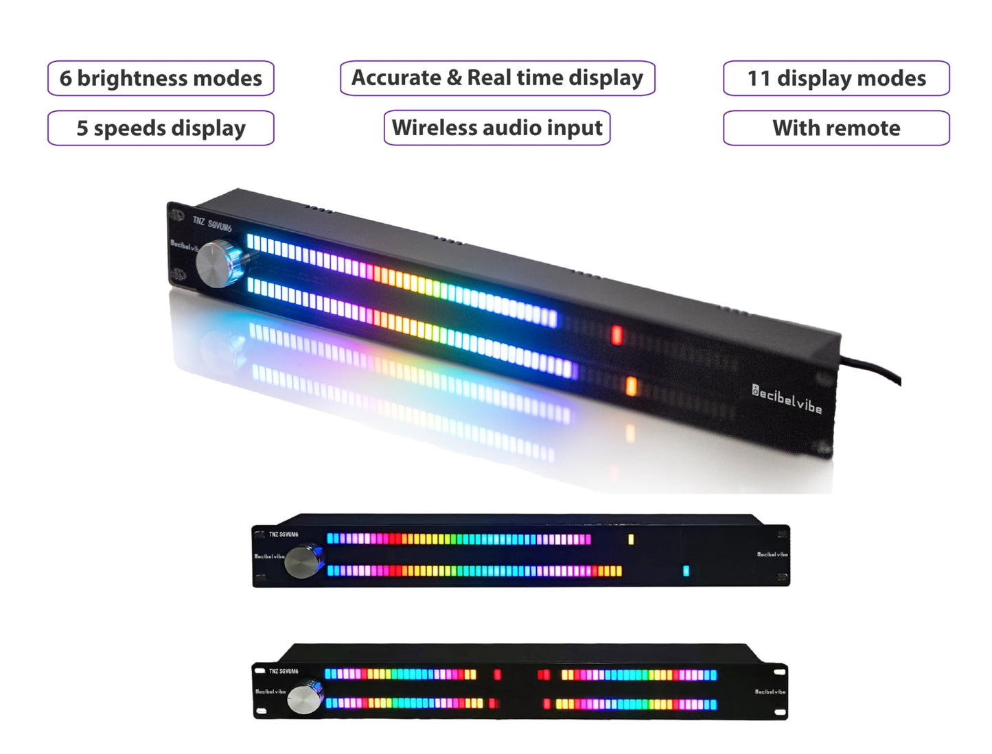 Decibelvibe TNZ SGVUM6 - Medidor de Audio gráfico VU con Entrada y Salida Auxiliar RCA/3.5, Entrada inalámbrica a través de un micrófono Integrado, con 19 Colores para el hogar, Profesionales (Plata)