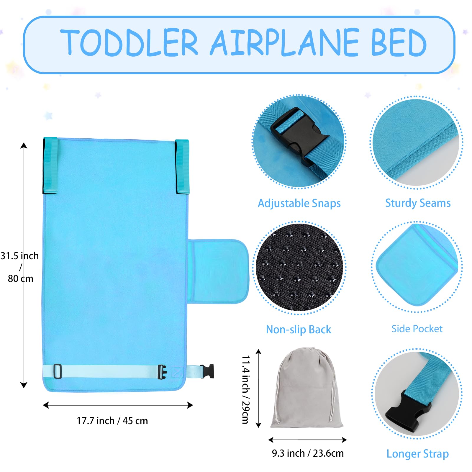 Untree - Cama de avión para niños pequeños con manta, extensor de asiento de avión para niños, artículos esenciales de viaje, color azul