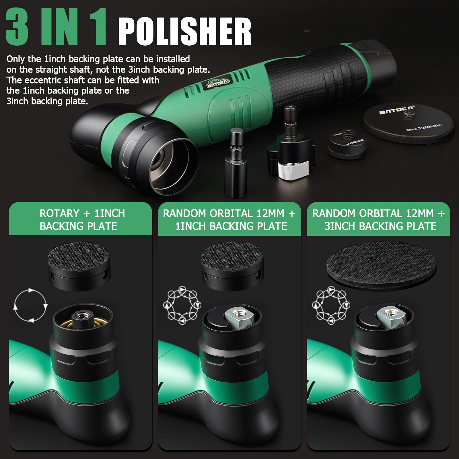 BATOCA S5 - Mini pulidora inalámbrica para coche, doble acción y mini máquina de pulir rotativa, 1 batería de 12 V 2 A con kit de almohadillas para orejas de pulido de 1 pulgada 3 pulgadas para coche