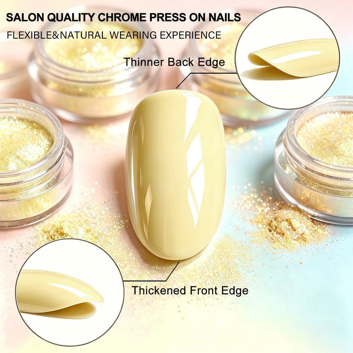 JOYVVEW Uñas postizas de gel suave cortas almendradas, 32 piezas, 16 tamaños, cromo amarillo mantequilla, uñas postizas brillantes naturales para pegar, para mujeres, gruesas reutilizables