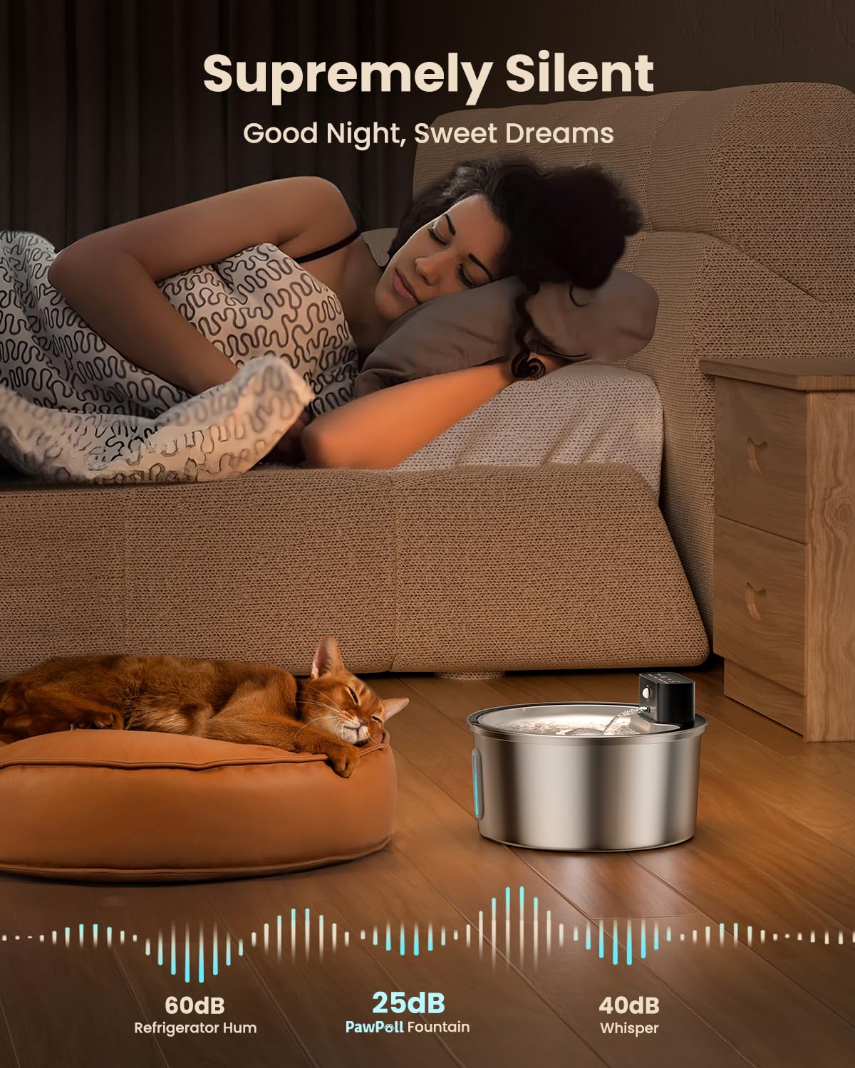 Fuente de Agua PawPoll Acero Inoxidable Ultra Silenciosa 3,2 L para Gatos y Perros Recargable