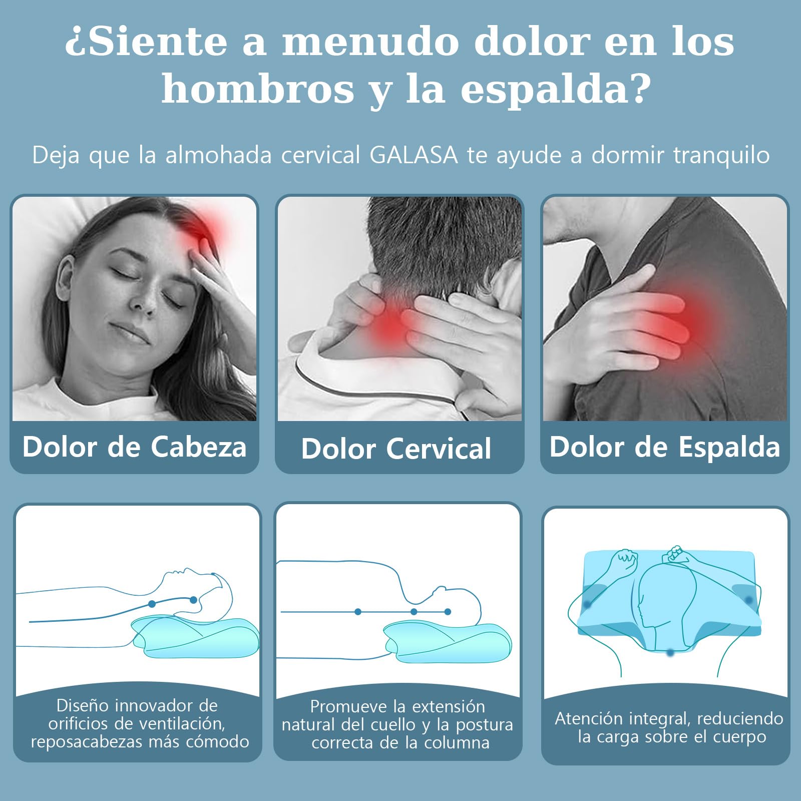 GALASALA Almohada Memory Foam, Almohada Cervical para Aliviar el Dolor de Cuello, Almohada Ortopédica Ergonómica para Boca Arriba, Personas Que Dormir de Lado o Boca Abajo, con Fundas de Almohada