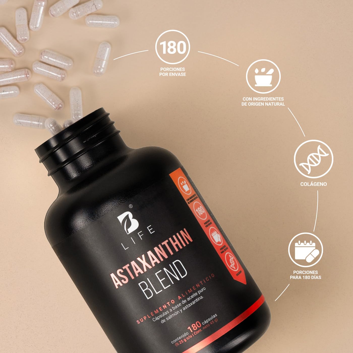 B Life Astaxantina | 180 Cápsulas | 250 mg por porción | Adicionado con Aceite Puro de Salmón Omega 3 | Ingredientes naturales | Astaxanthin Blend.