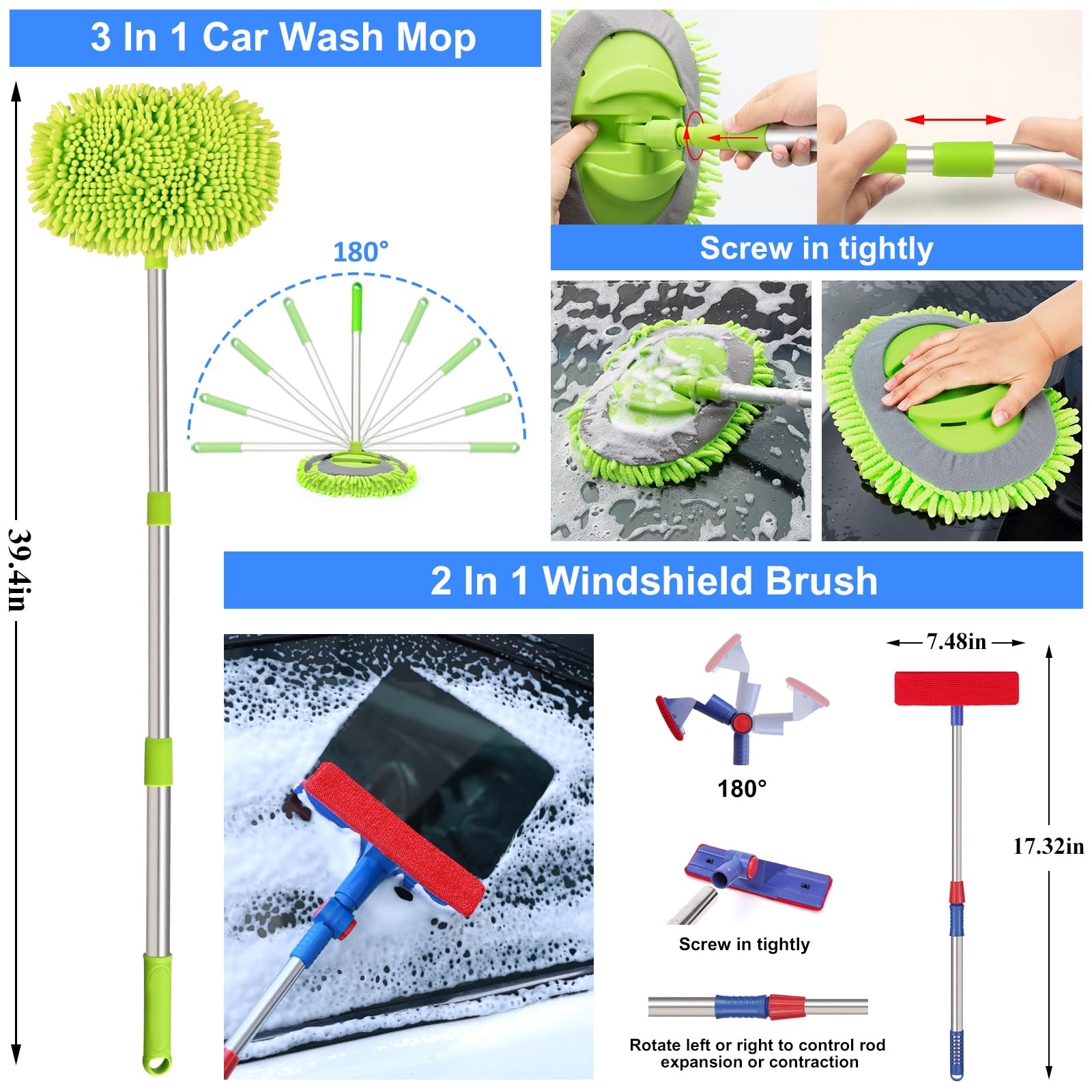 AUTODECO - Juego de limpieza para el lavado de coches con pulverizador de espuma, trapeador con mango largo, cubeta plegable, manopla grande, toallas, 44 piezas, azul