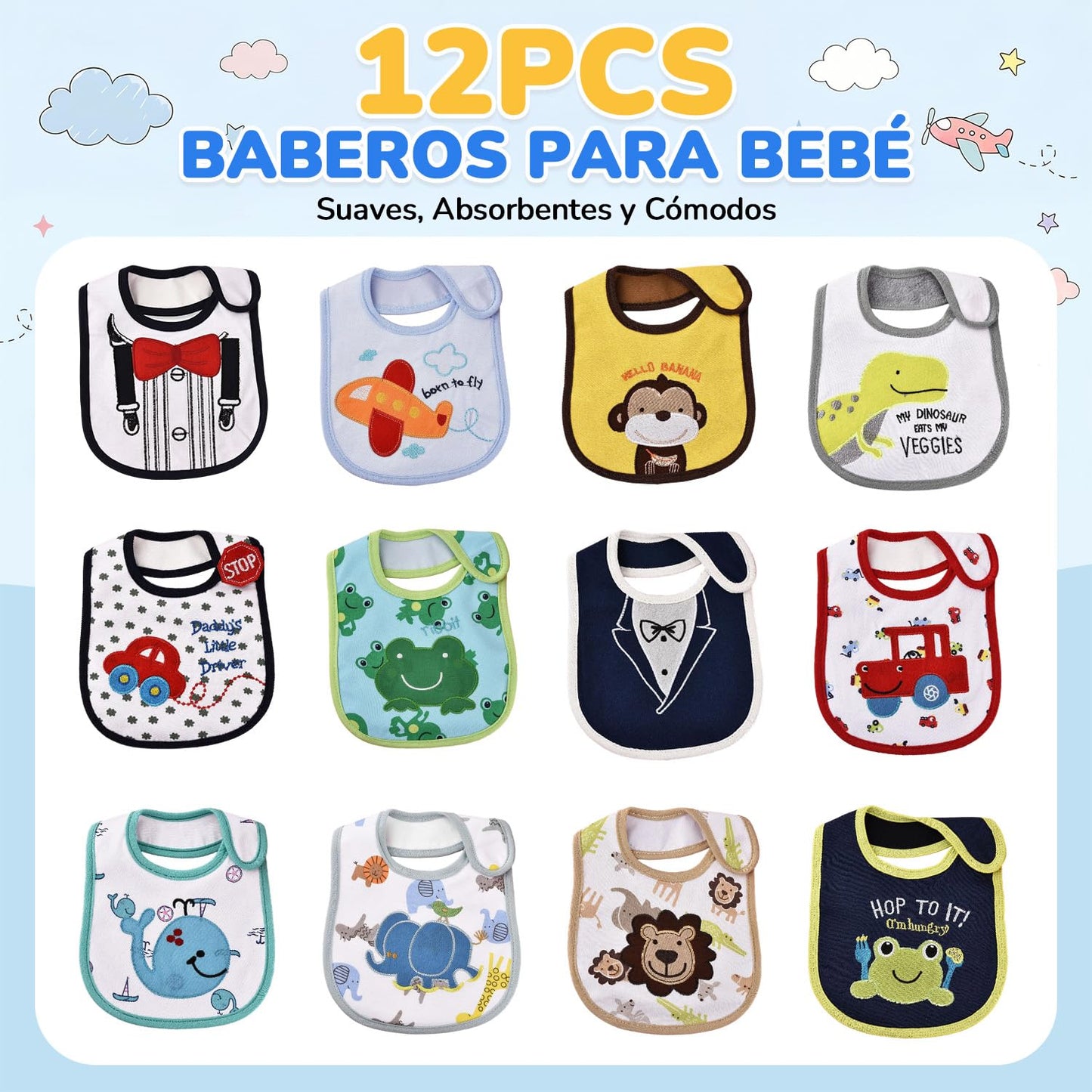Pack de 12 Baberos para Bebé, Baberos para Comer con Estampado de Animales, Protectores contra Babeo y Comida, Suaves y Absorbentes, Ajustables para Niños y Niñas, Regalo de Baby Shower