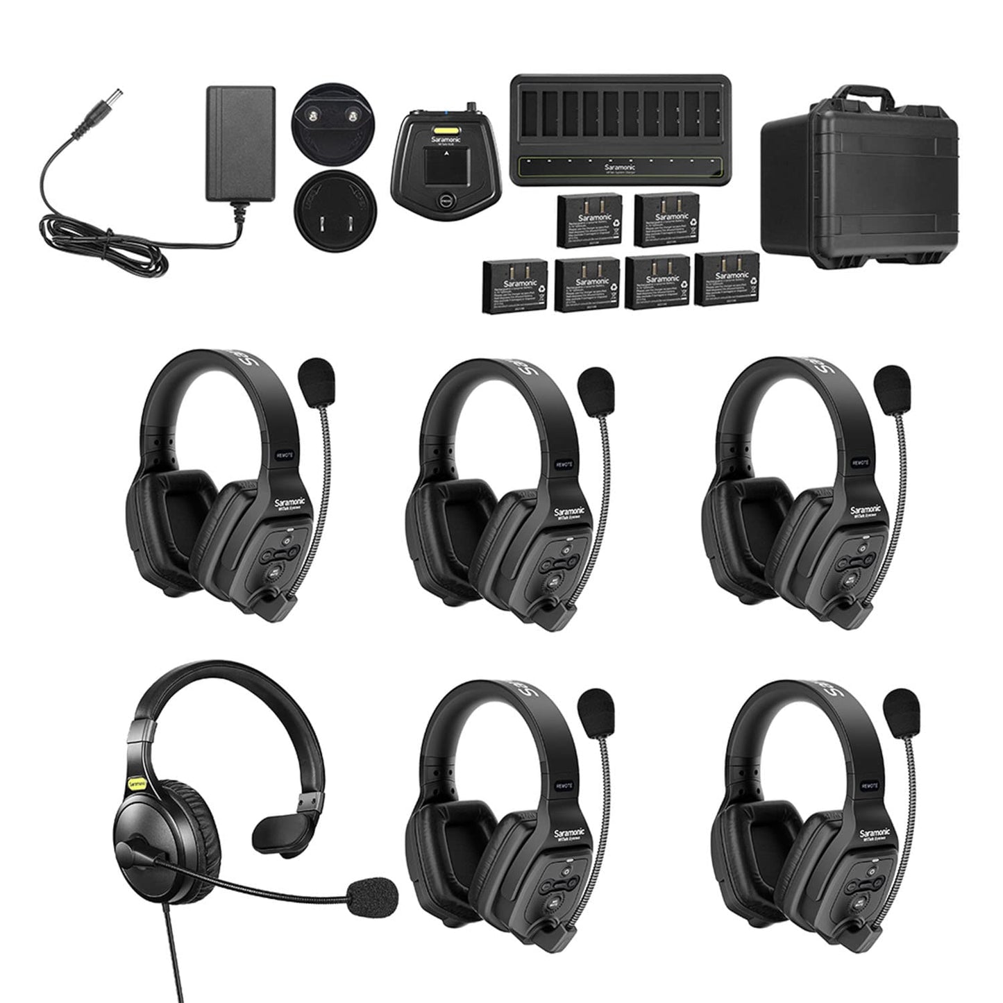 Saramonic WiTalk-WT6D - Sistema de intercomunicación de auriculares inalámbricos de doble oído para 6 personas con concentrador y estuche duro personalizado