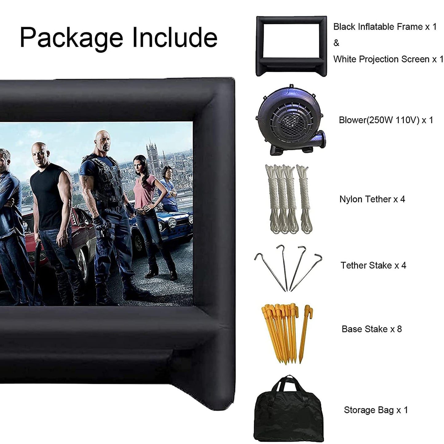 QILEBA - Proyector inflable de 24 pies para exteriores, interior, pantalla de cine, pantalla de proyección de cine inflable portátil, con soplador de aire, amarres y bolsa de almacenamiento, para noches de película en la piscina en el patio trasero