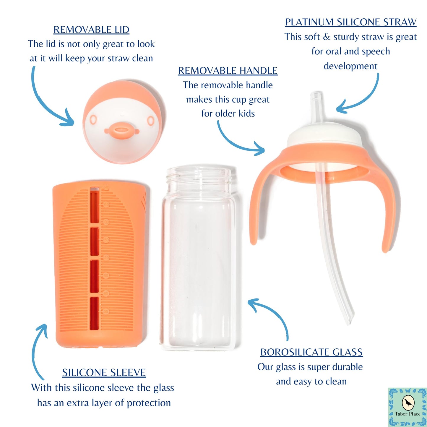 Tabor Place - Juego de 2 vasos de vidrio para niños pequeños - The Luca, verde menta y morado índigo, a prueba de derrames, pajita de silicona, 8 onzas, líquidos que nunca tocan plástico, asas