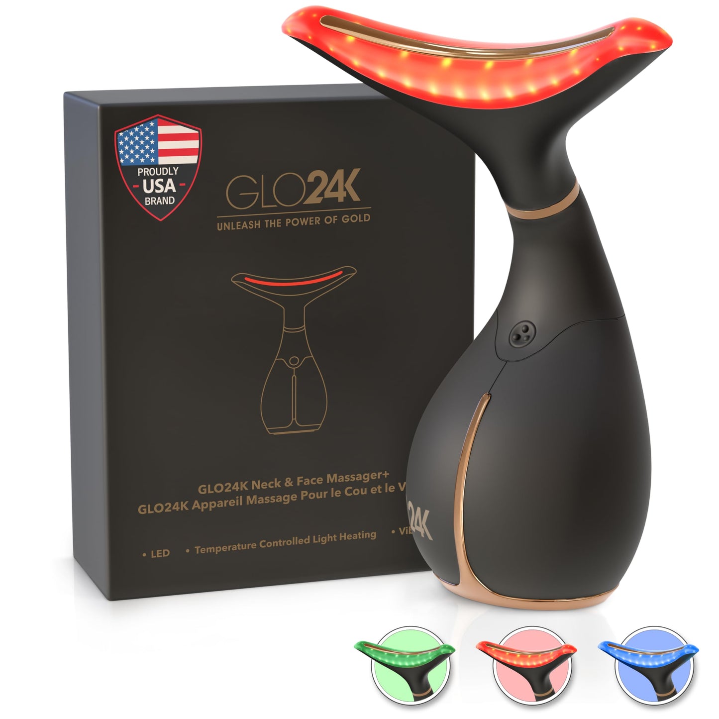 GLO24K - Dispositivo de belleza para rejuvenecimiento de la piel para cara y cuello, basado en tecnología LED de triple acción, térmica y vibración. Levanta y aprieta la piel flácida para una apariencia radiante.