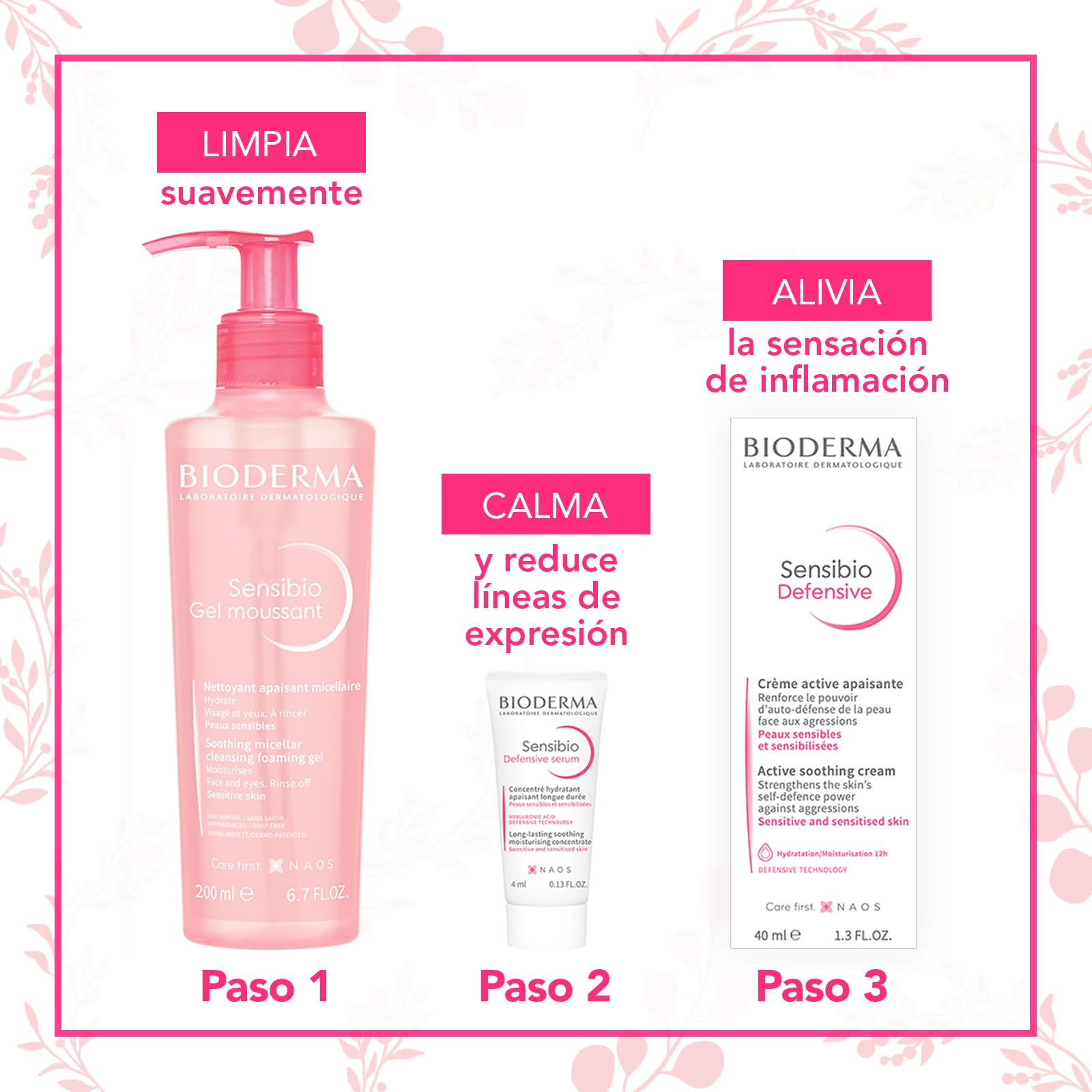 BIODERMA, Kit Rutina Ideal para Piel Sensible, Sensibio Gel Moussant, Sensibio Defensive y Defensive Sérum Mini
