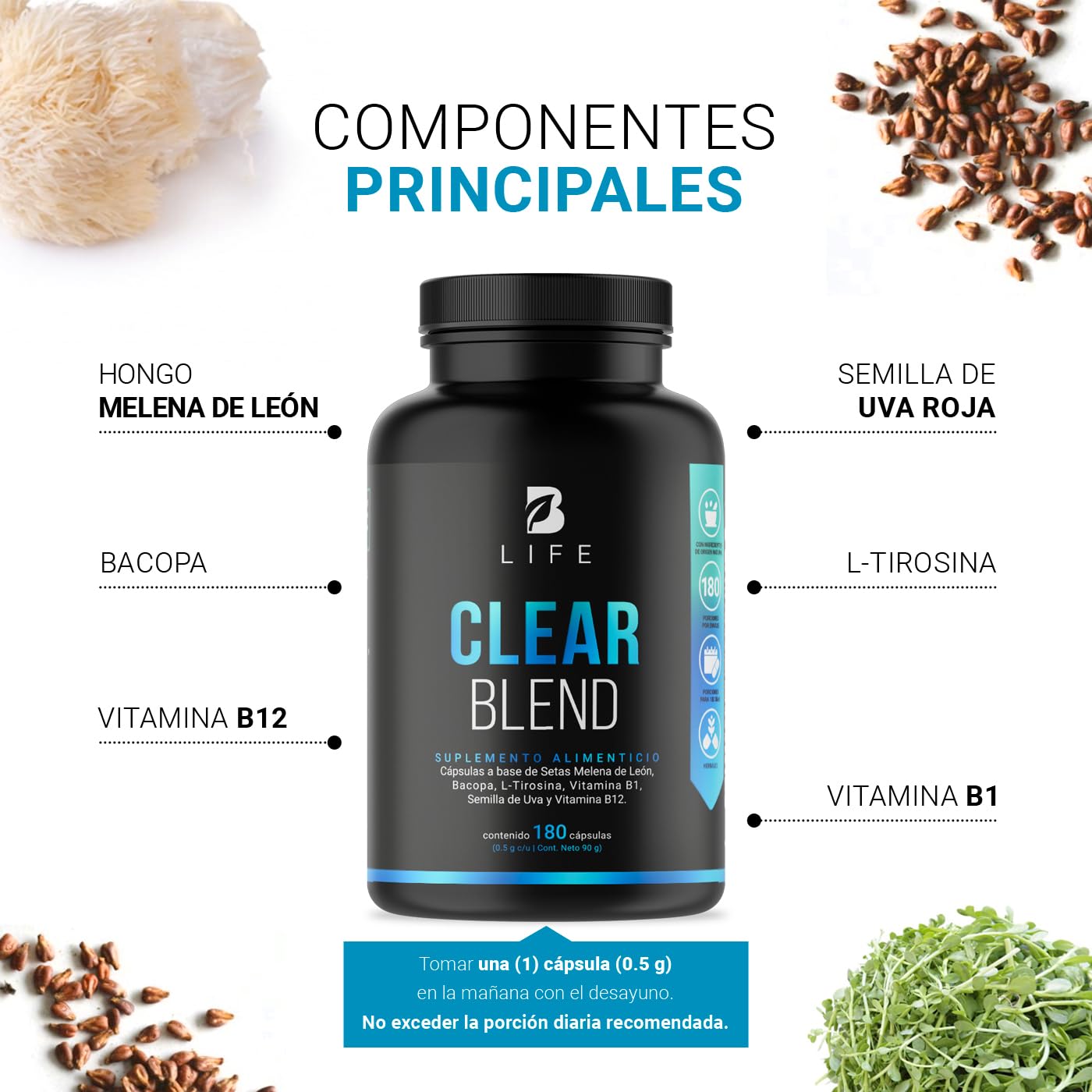 Clear Blend de 90 cápsulas. Ingredientes naturales: Hongo Melena de León, Bacopa, L-Tirosina, L-Teanina, Vitamina B1, Semilla de Uva Roja y Vitamina B12. Clear Blend B Life.