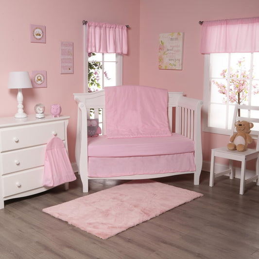 EVERYDAY KIDS Juego de ropa de cama para cuna de 4 piezas para niñas, incluye edredón de cama de bebé, sábana bajera, volantes y apilador de pañales, juego de cama para guardería, juego de cama para cuna de bebé en color rosa