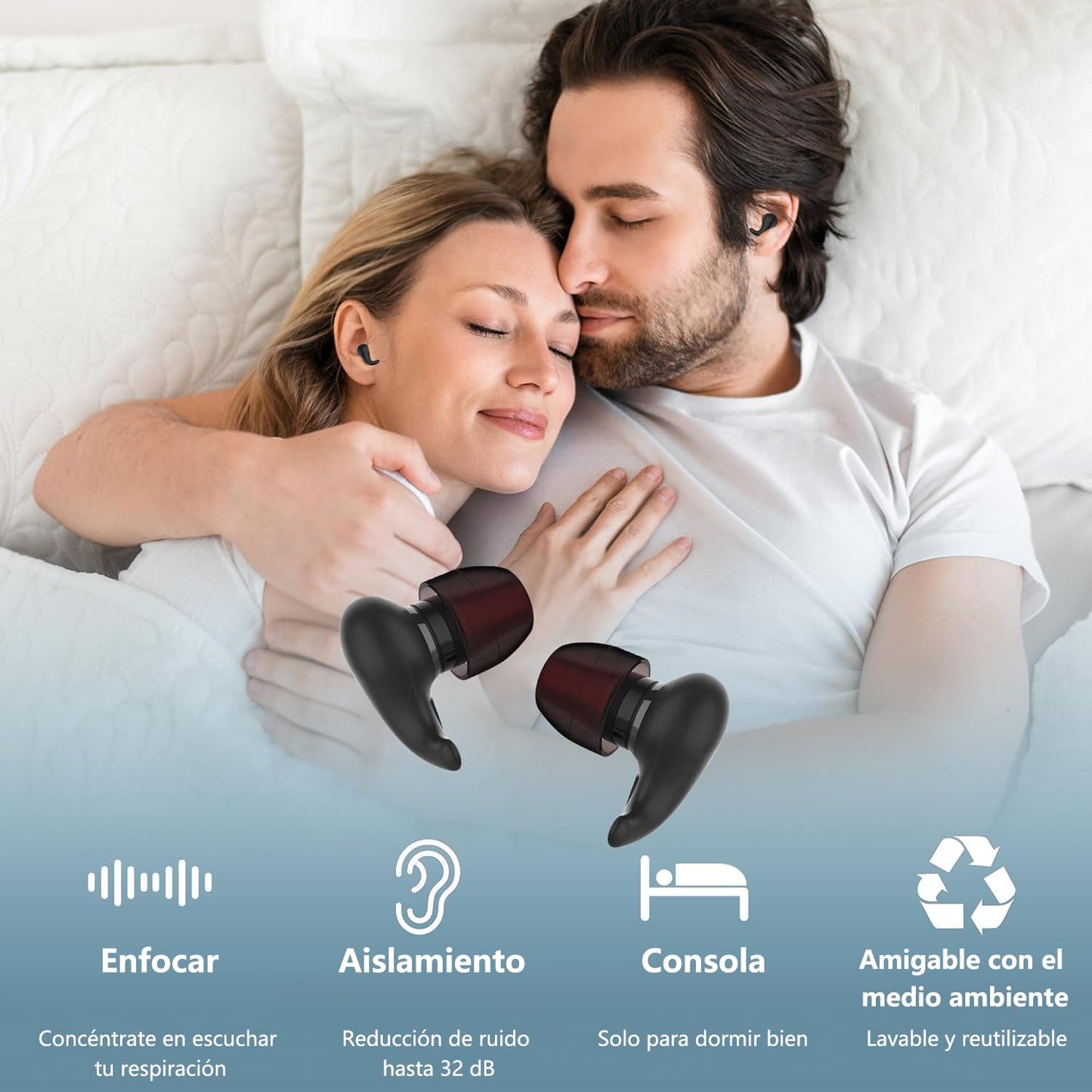 Tapones de Oídos Reutilizables de Silicona Suave Negro, Invisibles y en Forma, 32dB para Dormir y Conciertos, Tamaño Grande
