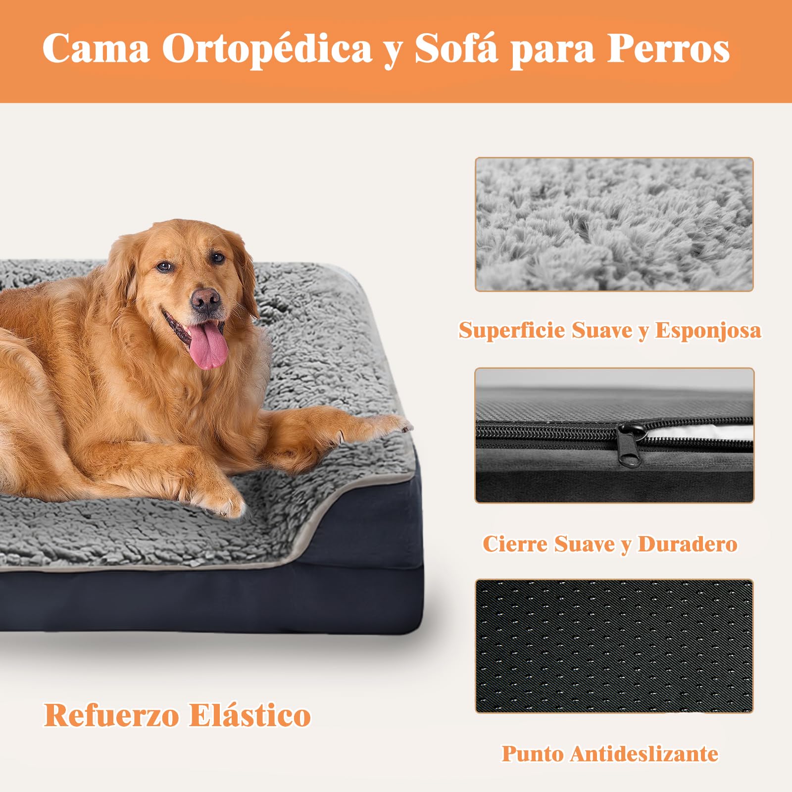 Lumewave Cama para Perro, Cama Ortopédica para Perros Extra Grandes, Cama L con Cojín Lavable, Sofá para Perros con Funda Removible y Fondo Antideslizante (Grandes Dimensiones, Gris)