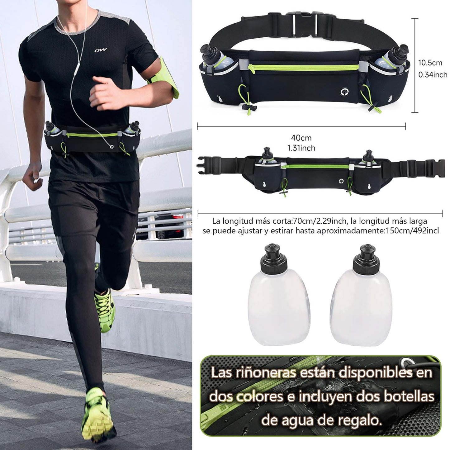 Cangurera Deportiva, Riñonera Deportiva con 2 Botellas de Agua, Riñonera Impermeable Reflectante con Cinturón Regulable, Ideal para Ciclismo, Correr, Deportes al Aire Libre. (1, Verde, Medium)
