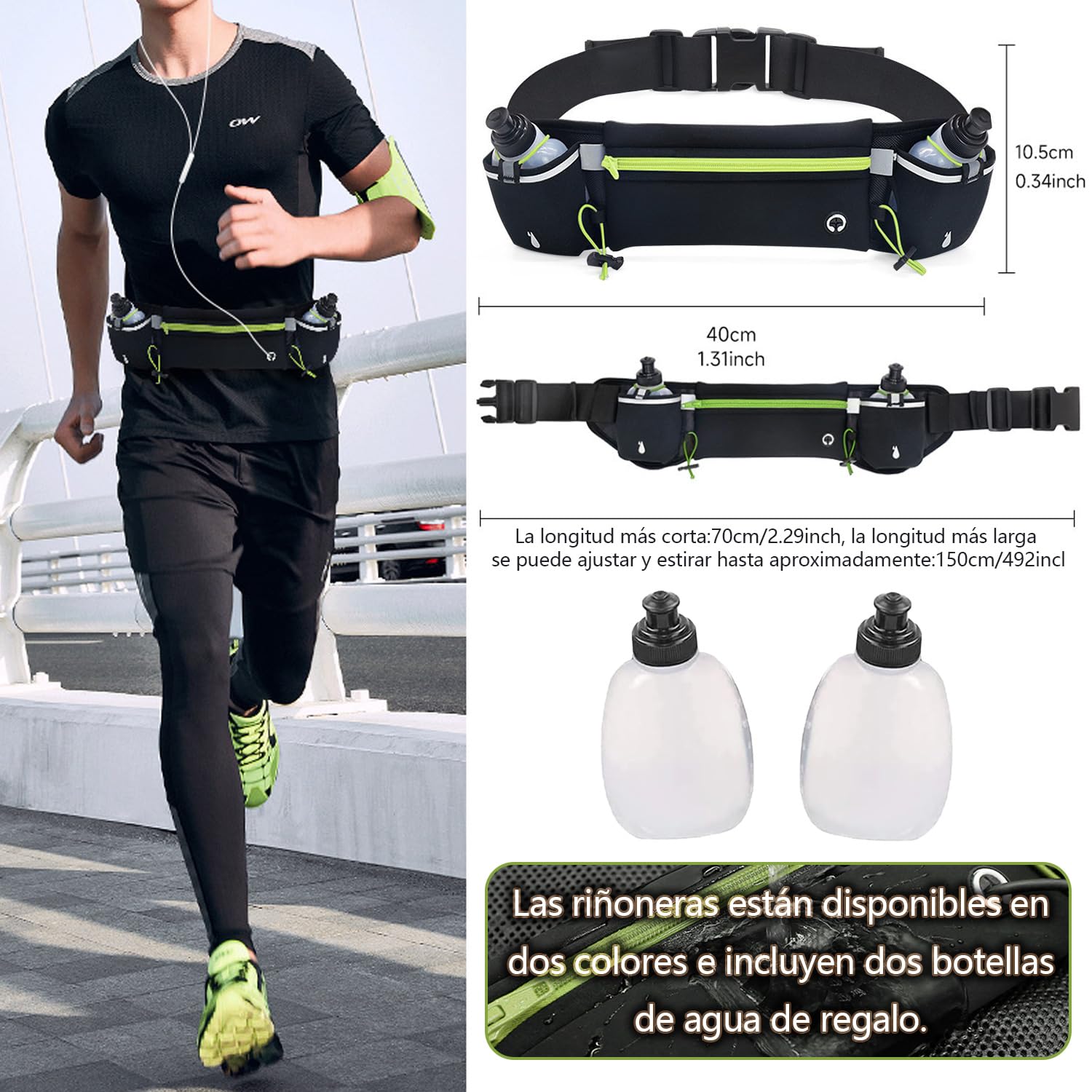 Cangurera Deportiva, Riñonera Deportiva con 2 Botellas de Agua, Riñonera Impermeable Reflectante con Cinturón Regulable, Ideal para Ciclismo, Correr, Deportes al Aire Libre. (1, Verde, Medium)