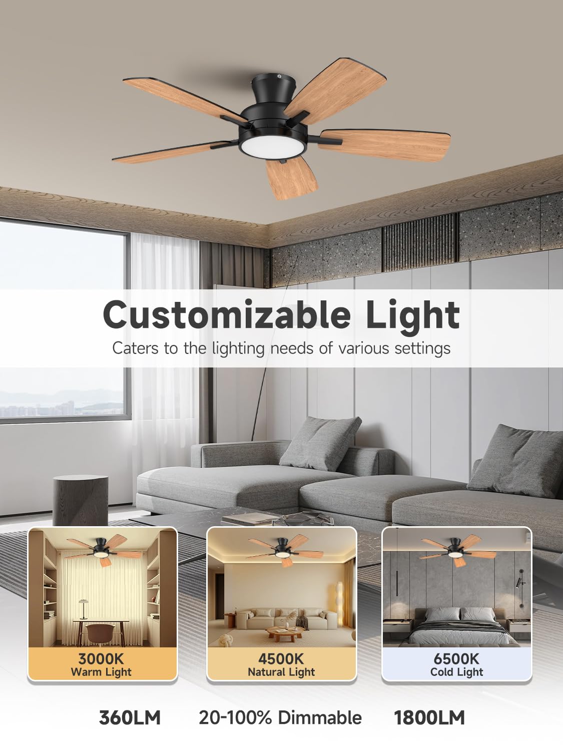 Ventilador de Techo TALOYA negro de 46 Pulgadas con Luz y Control Remoto Regulable para Dormitorio