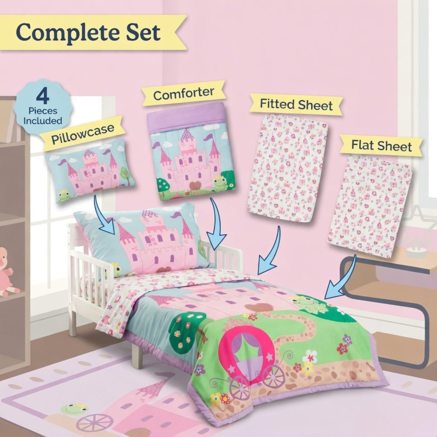 Everyday Kids - Juego de ropa de cama de 4 piezas para niños pequeños - Princess Storyland - Incluye edredón, sábana encimera, sábana bajera ajustable y funda de almohada reversible