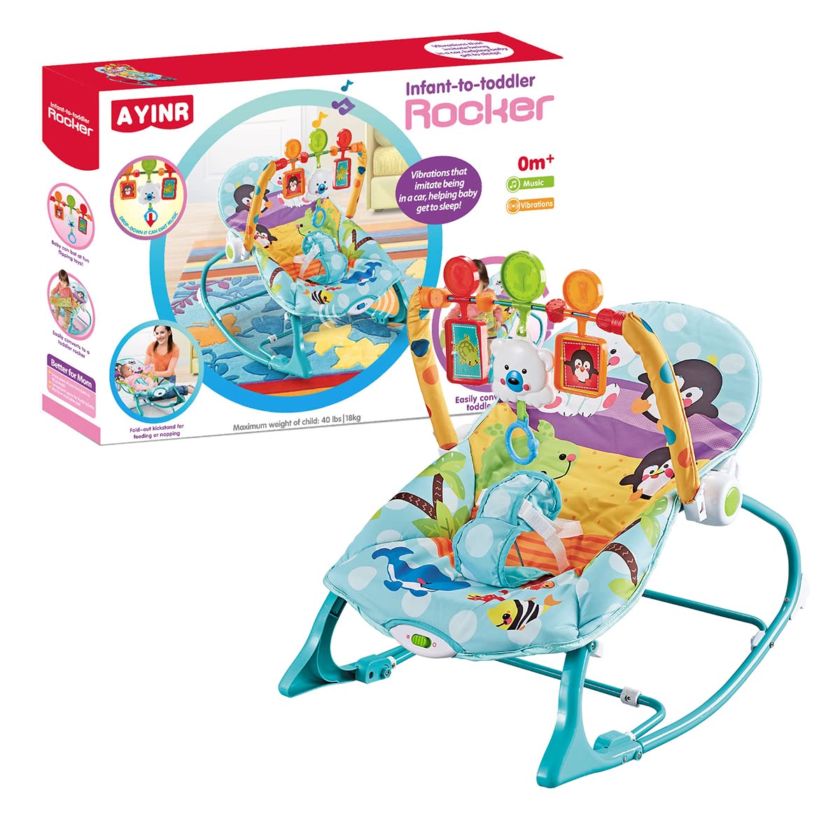 Silla Mecedora Raganet Verde Agua con Barra de Juguetes Desmontable para Bebés y Niños