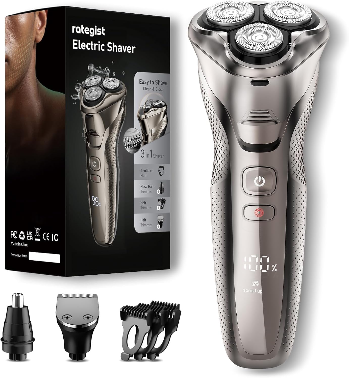Rategist - Maquinilla de afeitar eléctrica recargable para hombres: afeitadora 3 en 1 para barba/nariz/patillas - Kit de viaje impermeable IPX7 - Cuchillas de velocidad turbo y precisión, plata