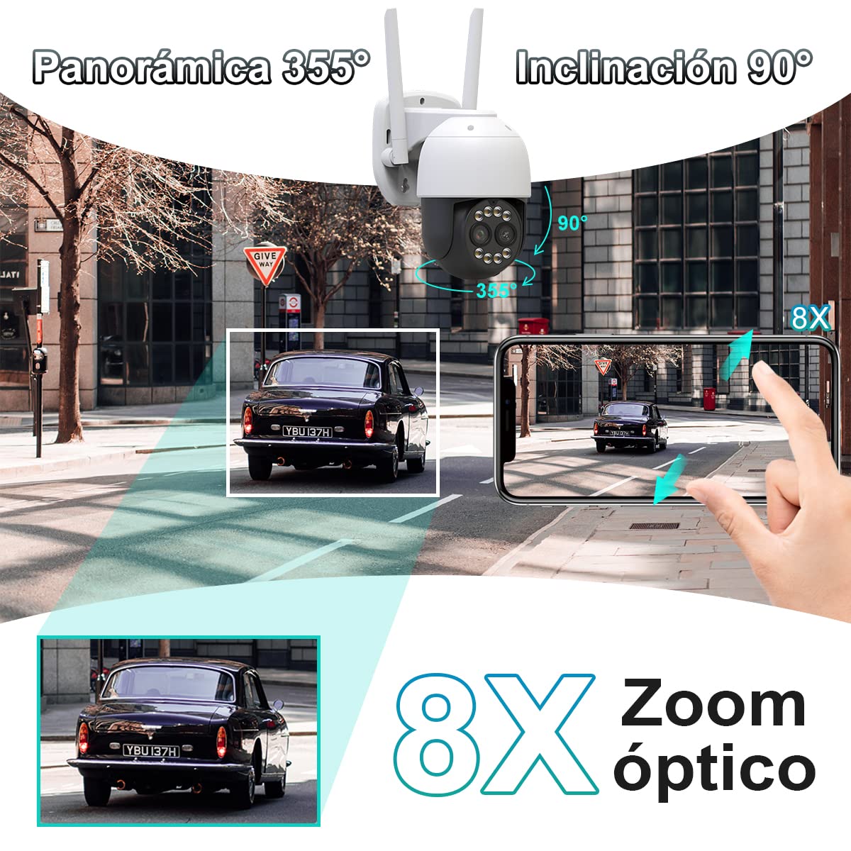 Cámara de Seguridad Exterior EASYTAO 9825G WiFi Lentes Duales Zoom Óptico 8X Visión Nocturna Audio Bidireccional Detección de MOV Compatible con Alexa