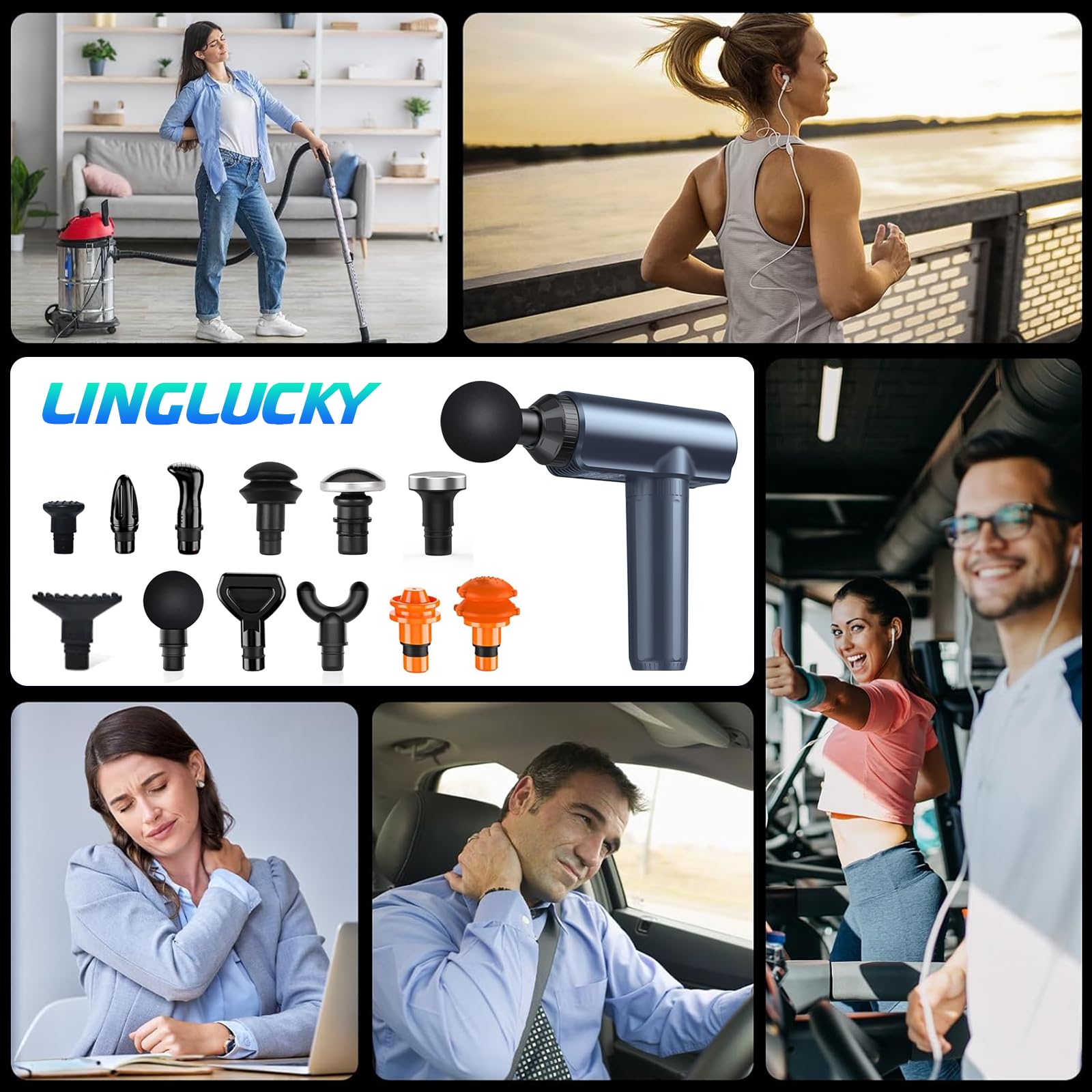 YUDSKU Pistola De Masajes,Pistola Masajeadora con 12 Cabezales y 30 Velocidades Ajustables,Masajeadores Eléctrico de Mano con Pantalla LED,Masajeador Muscular Ideal para Hombros,Cuello,Espalda