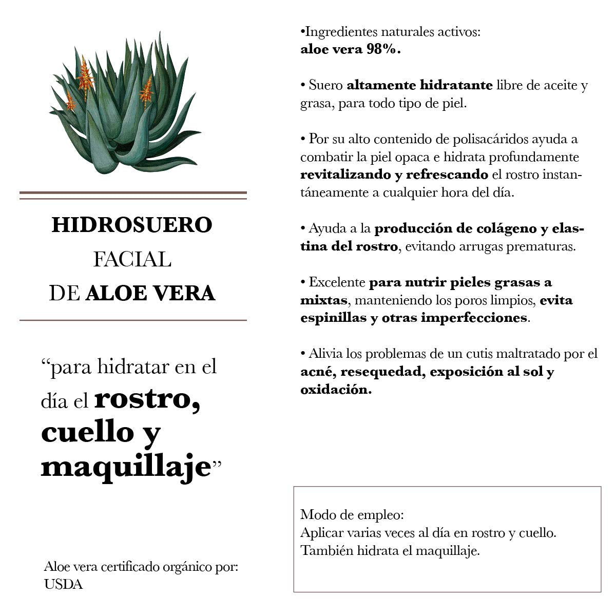 Hidrosuero Facial 98% Aloe Vera Orgánico - Hidratante Facial sin Aceite para Todo Tipo de Piel