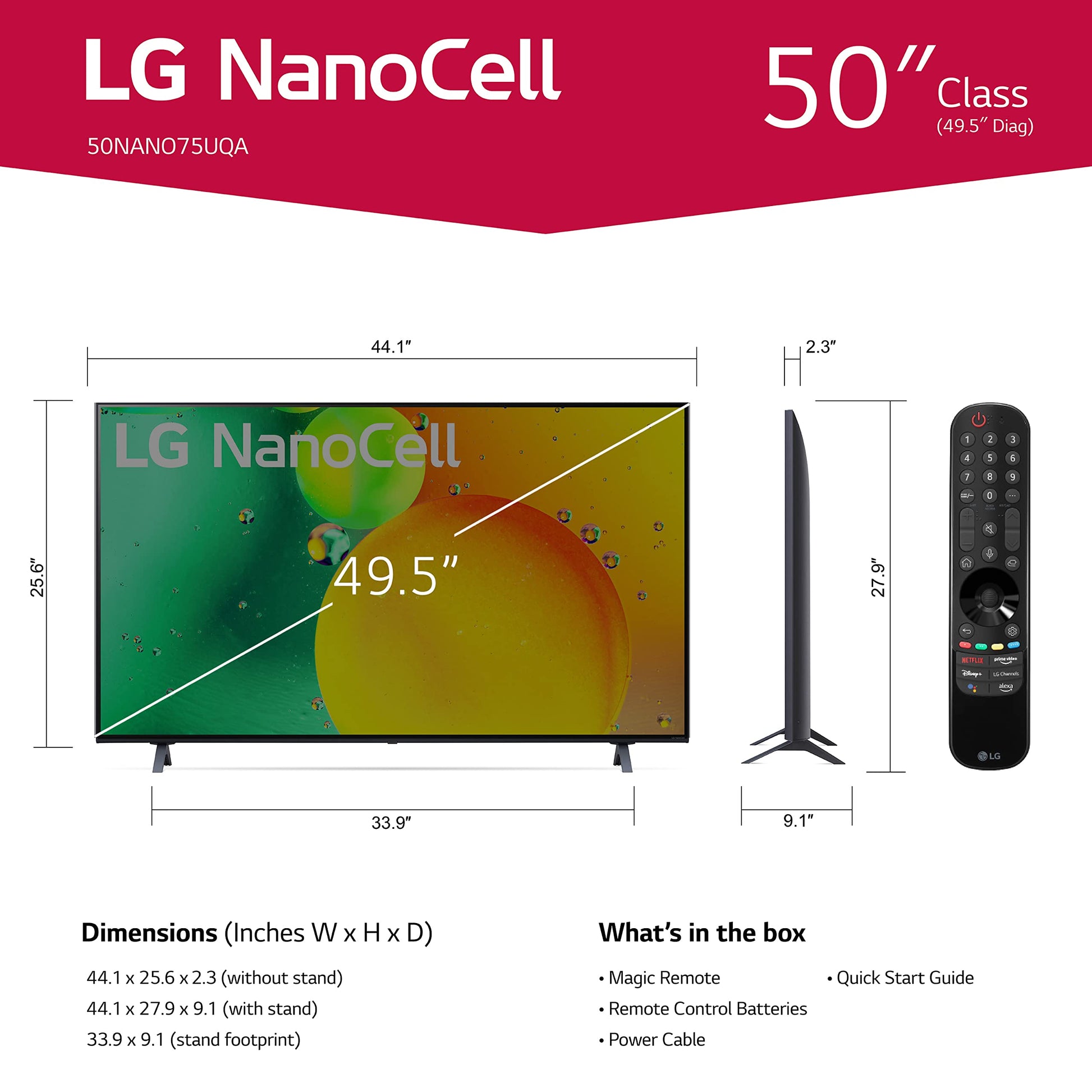 LG 50-Inch Class NANO75 Series Alexa Smart TV Incorporado 4K (3840 x 2160), frecuencia de actualización de 60Hz, 4K Alimentado por AI, WiSA Ready, Cloud Gaming (50NANO75UQA, 2022)