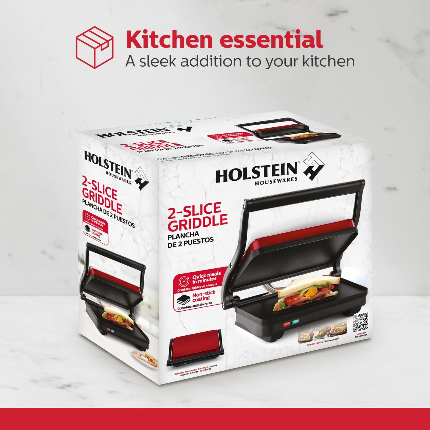 Holstein Housewares - Plancha eléctrica de 2 rebanadas, sandwichera antiadherente con temperatura ajustable, mango de tacto fresco, rojo metálico