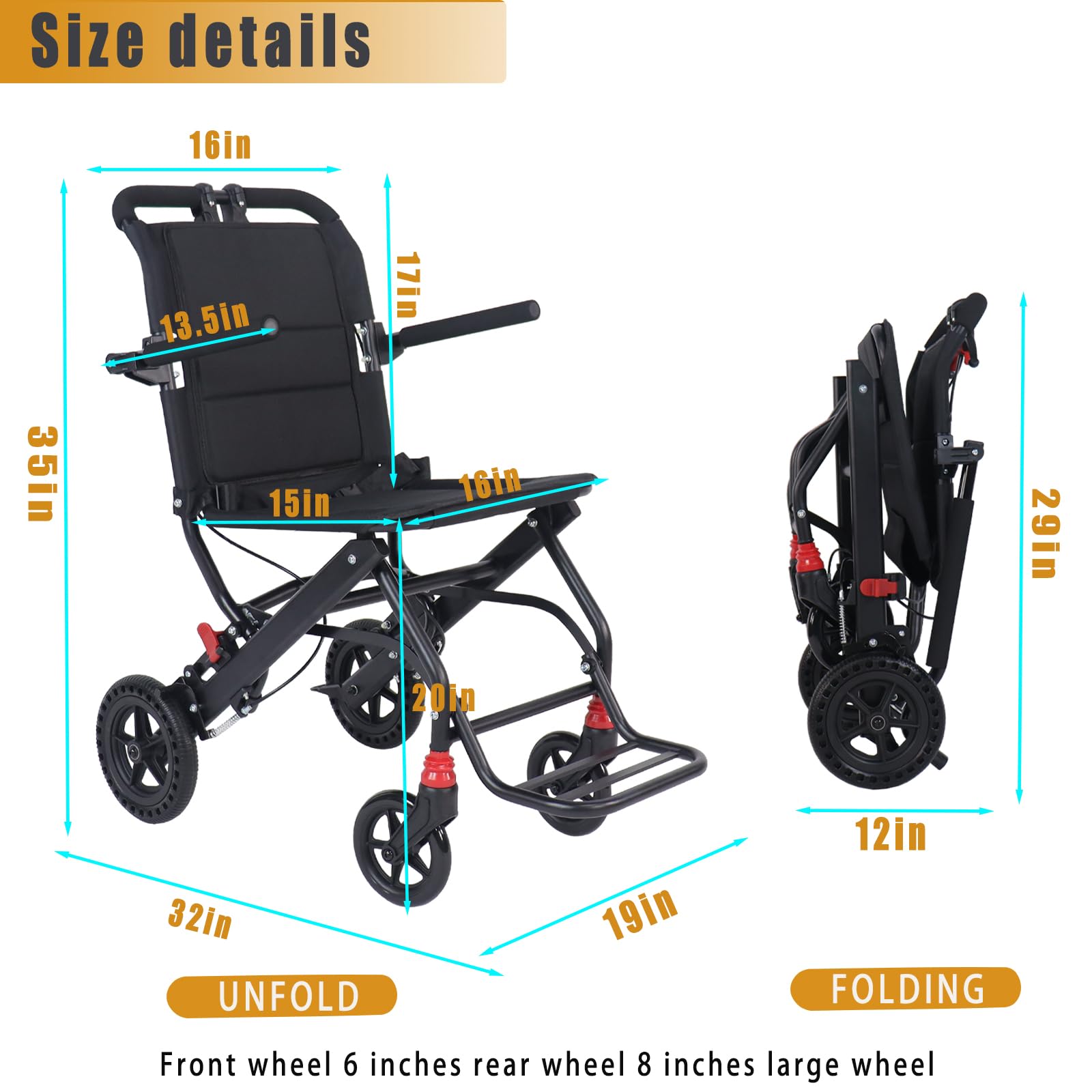 Hopelight- (Solo 14lbs) Silla de ruedas plegable portátil, silla de ruedas de viaje con freno de mano, silla de ruedas ultraligera f