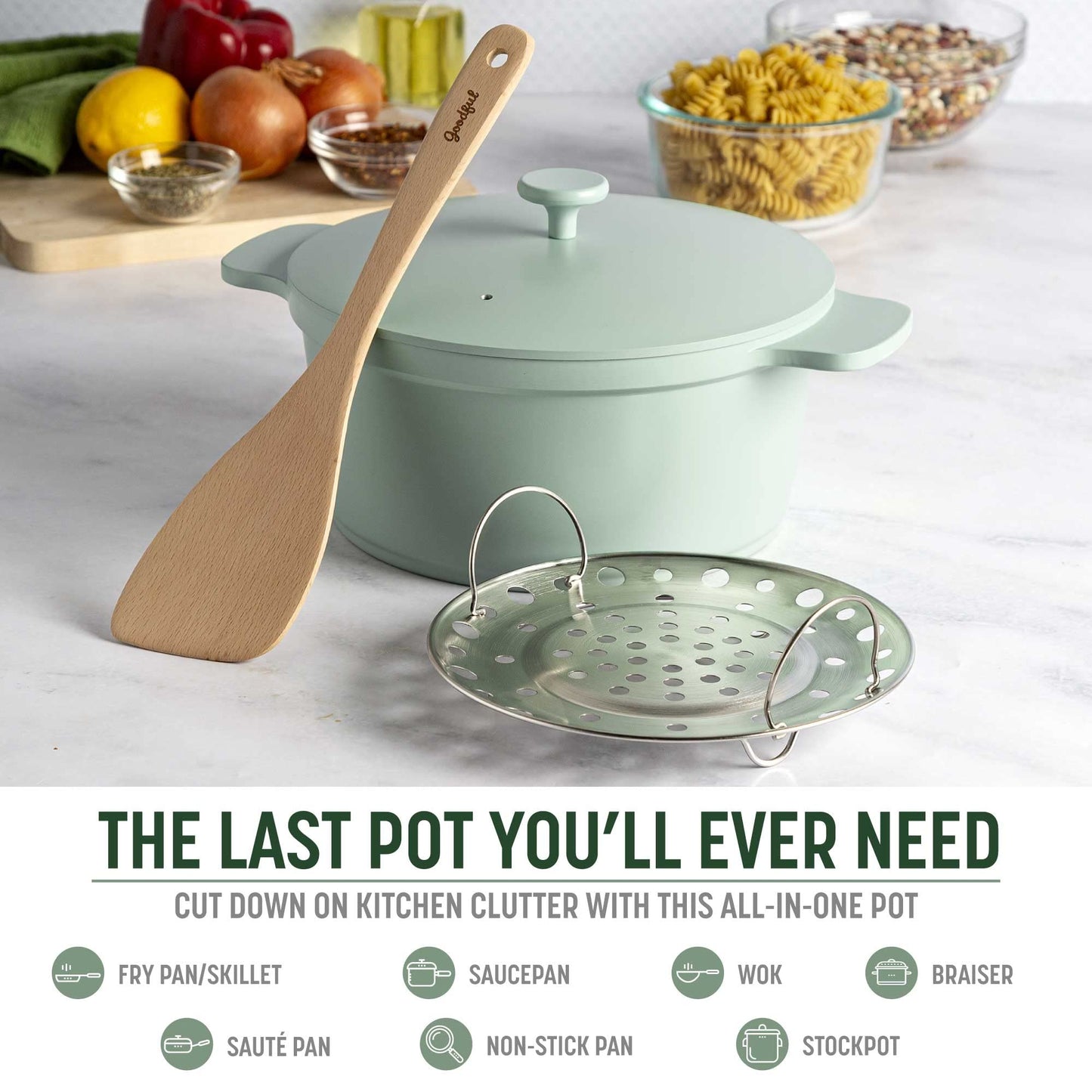 Goodful - Olla todo en uno, antiadherente de revestimiento múltiple, horno holandés fundido de alto rendimiento con tapa a juego, estante para asar y volteador, hecha sin PFOA, utensilios de cocina