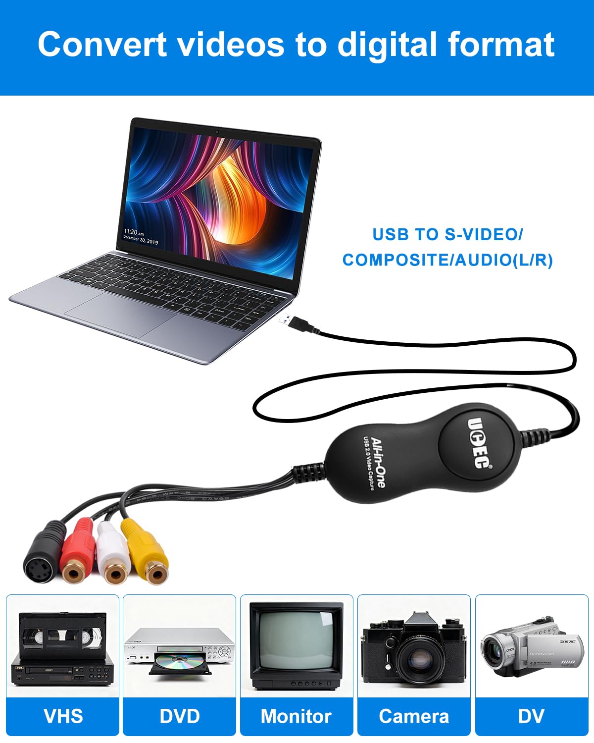 UCEC - Kit convertidor VHS a digital, dispositivo de captura de video RCA a USB 2.0, convertidor de video a digital, dispositivo de tarjeta de captura de video USB 2.0 para Mac OS X PC Windows 7 8 10
