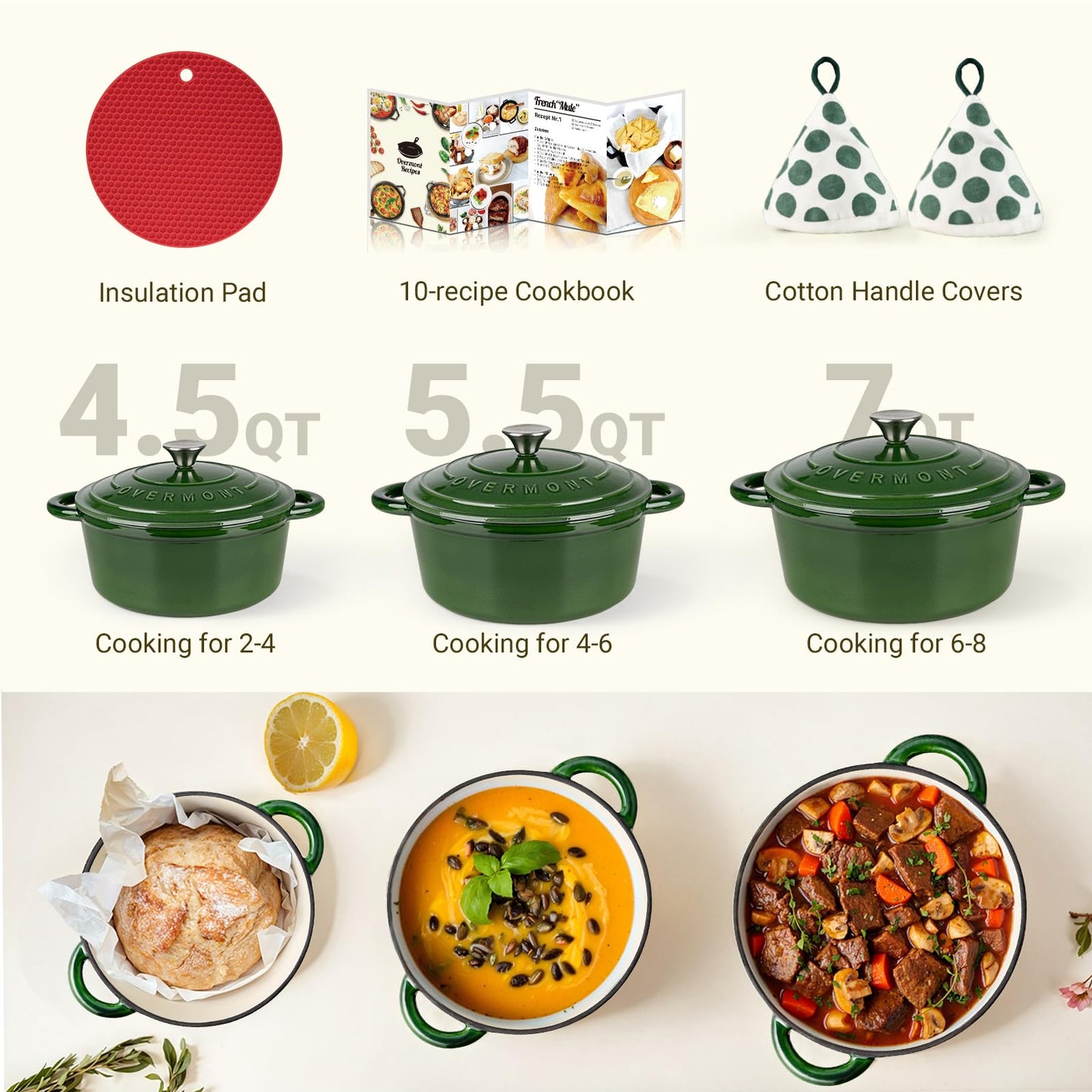 Overmont - Horno holandés de hierro fundido esmaltado, olla de 5.5 cuartos con tapa, libro de cocina y agarraderas de algodón, utensilios de cocina resistentes para estofar, guisos, asar, hornear pan