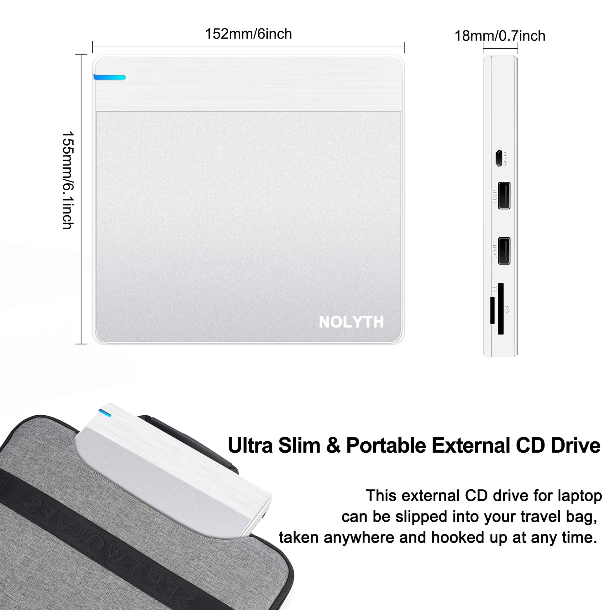 Unidad de CD y DVD Externa NOLYTH Plateado con Grabadora USB y Alta Velocidad