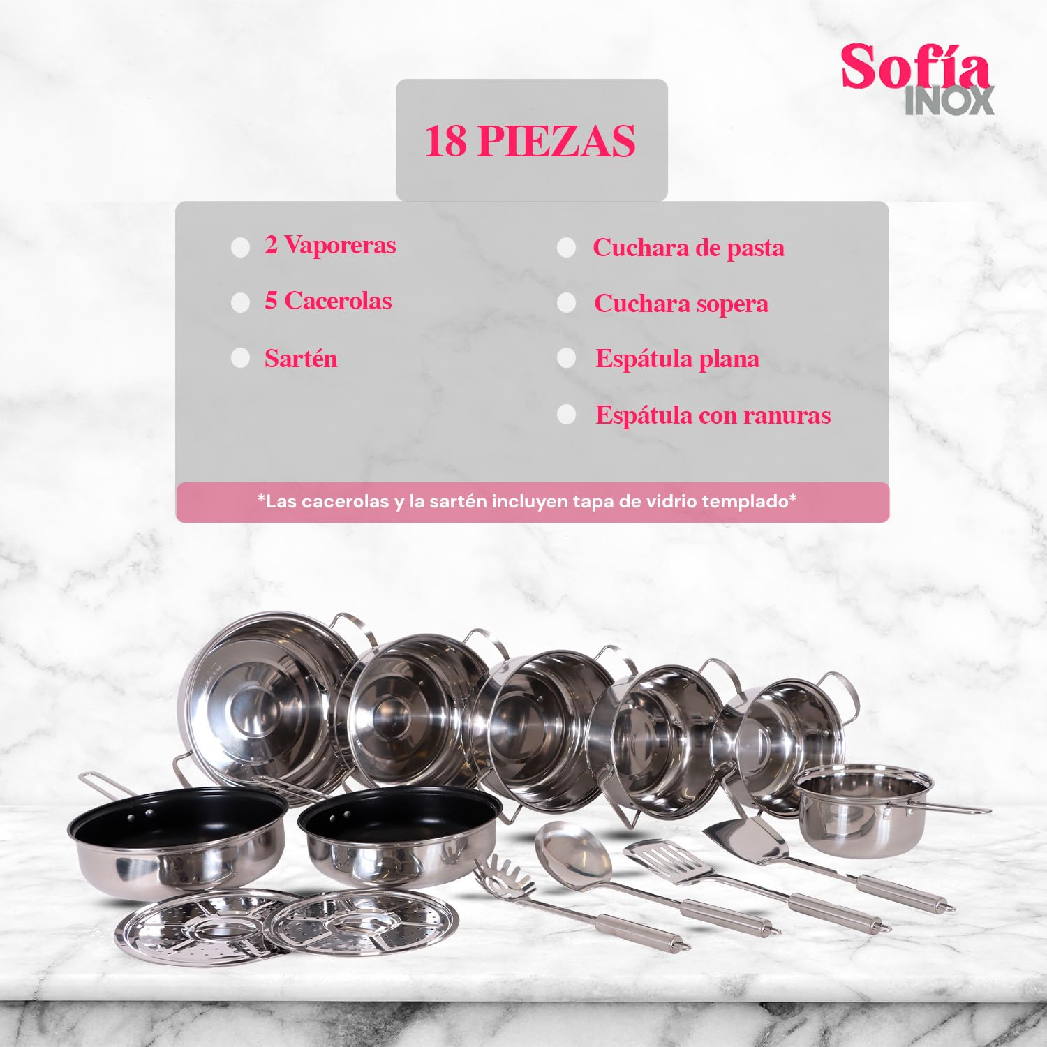 Bateria de Cocina Sofia Inox Acero Inoxidable 18 Piezas