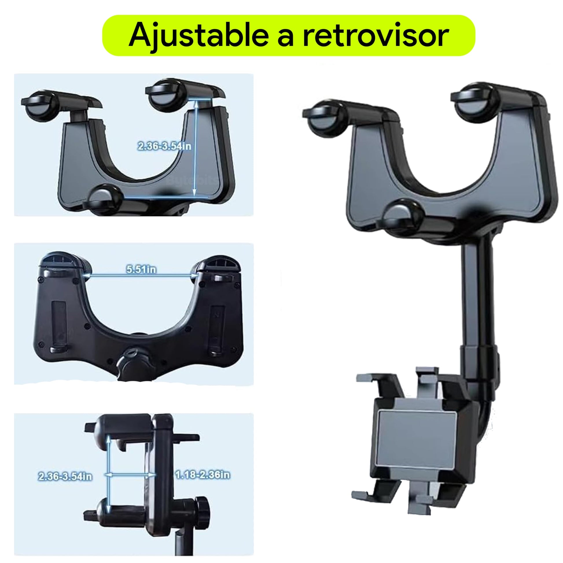 Bytebits Soporte de Retrovisor de Coche Base para Celular Multi ángulo con Rotación de 360 Grados Multi posición Horizontal y Vertical para Espejo de Automóvil Universal