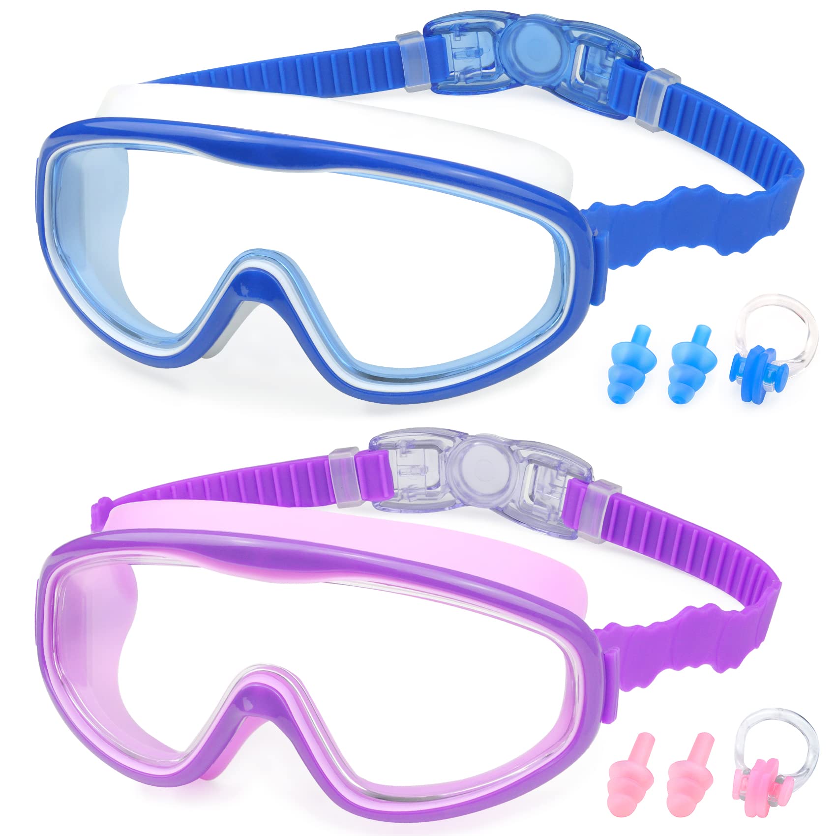 KAILIMENG - Gafas de natación para niños, visión amplia, sin fugas, antiniebla, protección UV, con clip para la nariz y tapones, para los oídos para niños de 3 a 15 años (Azul y morado, 2 unidades)
