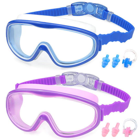 KAILIMENG - Gafas de natación para niños, visión amplia, sin fugas, antiniebla, protección UV, con clip para la nariz y tapones, para los oídos para niños de 3 a 15 años (Azul y morado, 2 unidades)