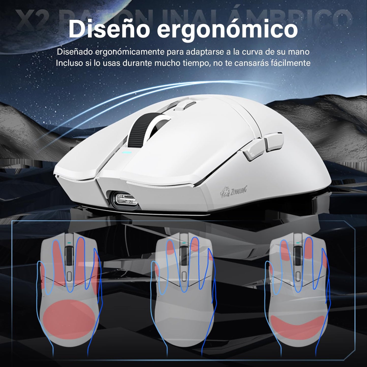 Free wolf X2 Mouse Inalámbrico con RGB Cargador, Mouse Gamer con 3 Modos de Conexión(2.4G/Type-c/BT), 24000DPI, con 7 Botones Programables para PC/Mac(Blanco)