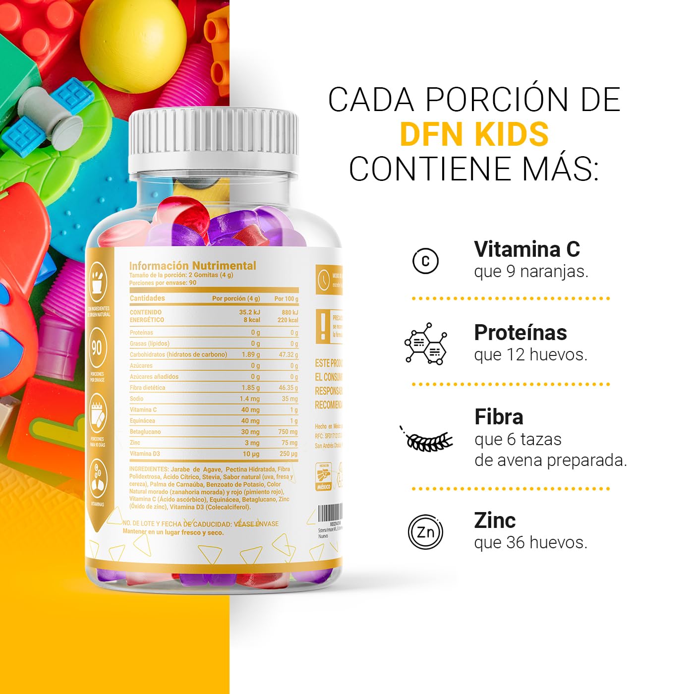 DFN Kids 180 gomitas SIN AZÚCAR añadida. Ingredientes naturales: Vitamina C, D3, Echinacea y Zinc. DFN Kids B Life.