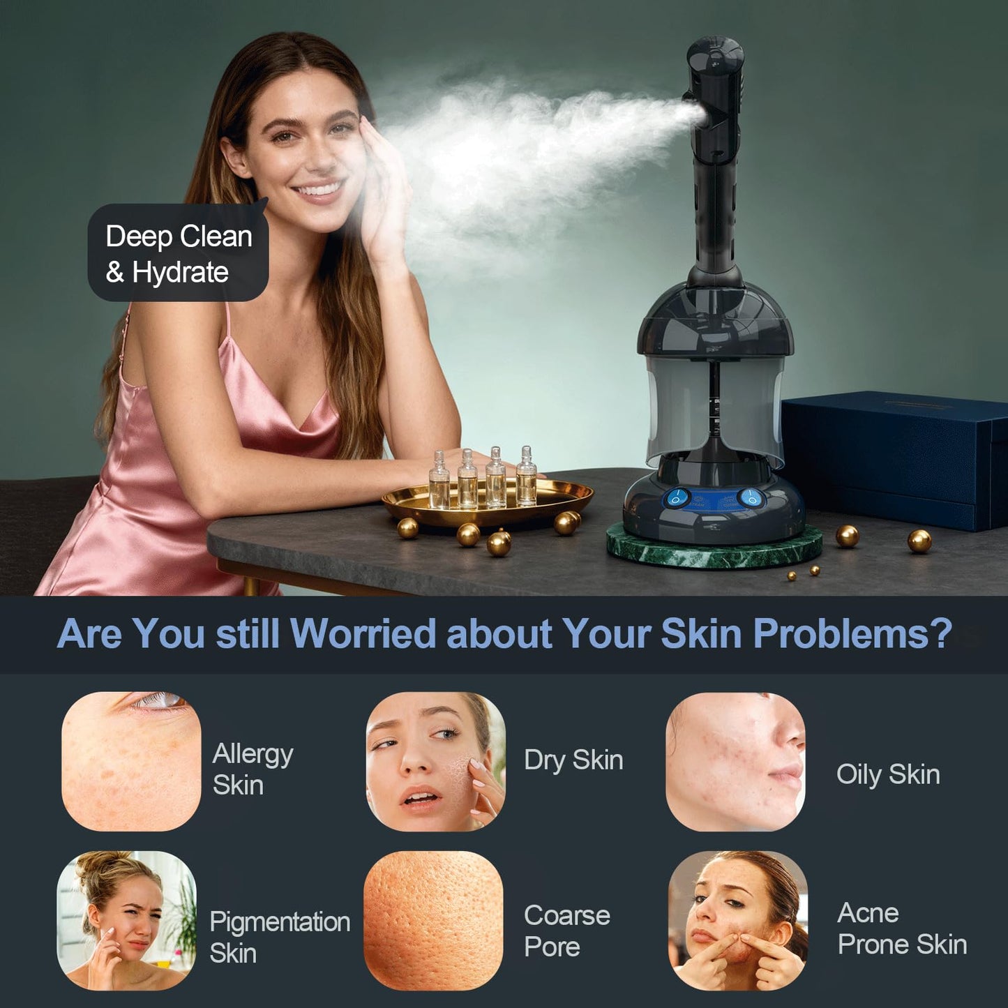 Kingsteam Vaporizador facial nano iónico para limpieza profunda, vaporizador facial portátil de ozono con brazo extensible giratorio de 360°, humidificador para cuidado personal en casa o salón.