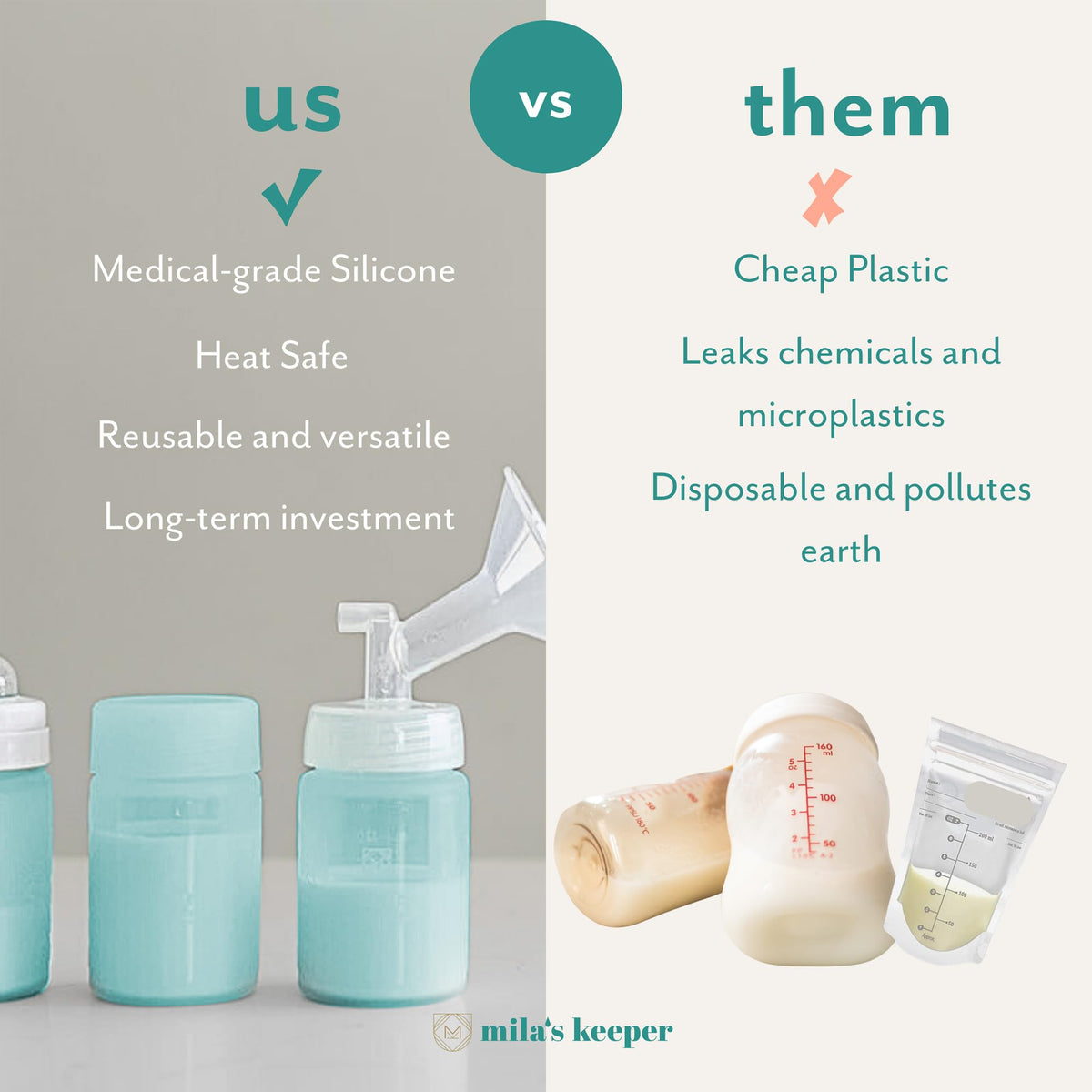 Mila's Keeper - Botellas de almacenamiento de leche materna de silicona premium, para bombeo, almacenamiento y alimentación, se adapta a bombas y pezones líderes, recipientes de almacenamiento de