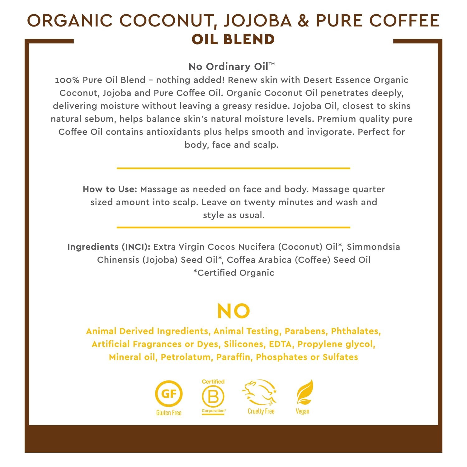 Desert Essence - Aceite Orgánico de Coco, Jojoba y Café Puro Para Cara y Cabello 118ml